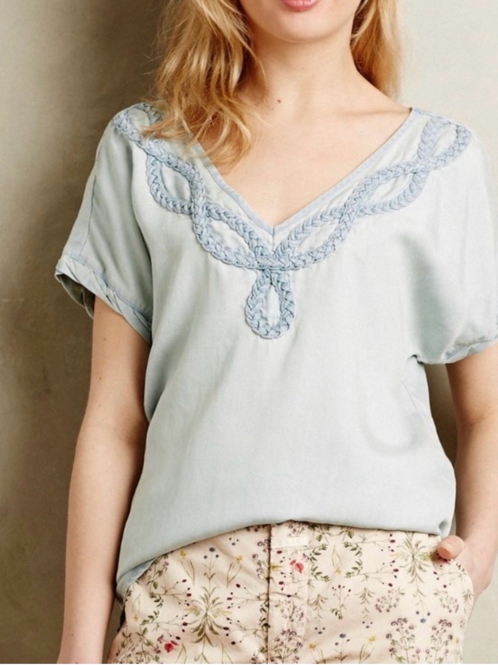 Anthropologie Holding Horses Braided Chambray Tee